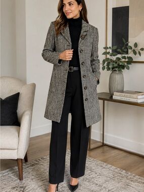 Women’s XL Long Tweed Coat Black Cream Salt & Pepper Tailored Classic